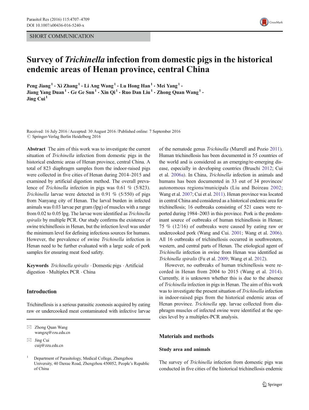 Survey of Trichinella Infection from Domestic Pigs in the Historical Endemic Areas of Henan Province, Central China