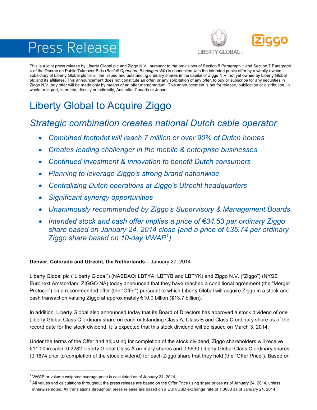 Liberty Global to Acquire Ziggo
