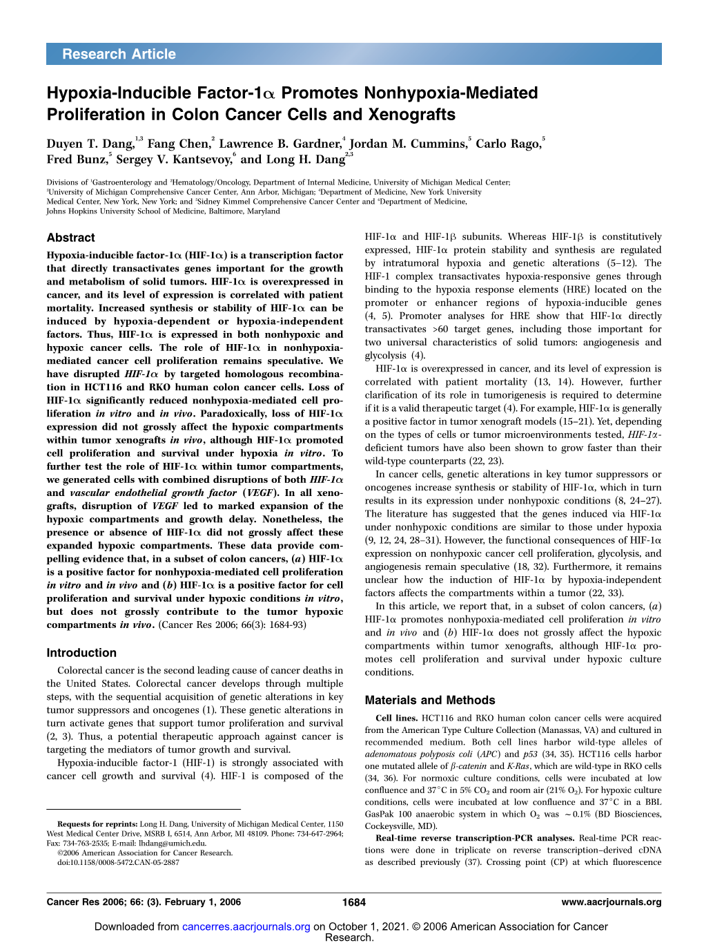 Hypoxia-Inducible Factor-1A Promotes Nonhypoxia-Mediated Proliferation in Colon Cancer Cells and Xenografts