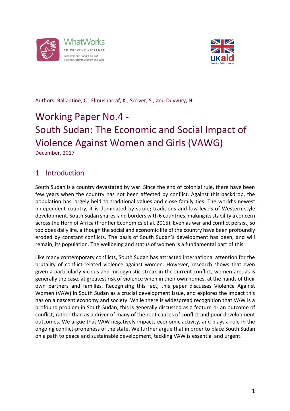 South Sudan: the Economic and Social Impact of Violence Against Women and Girls (VAWG) December, 2017