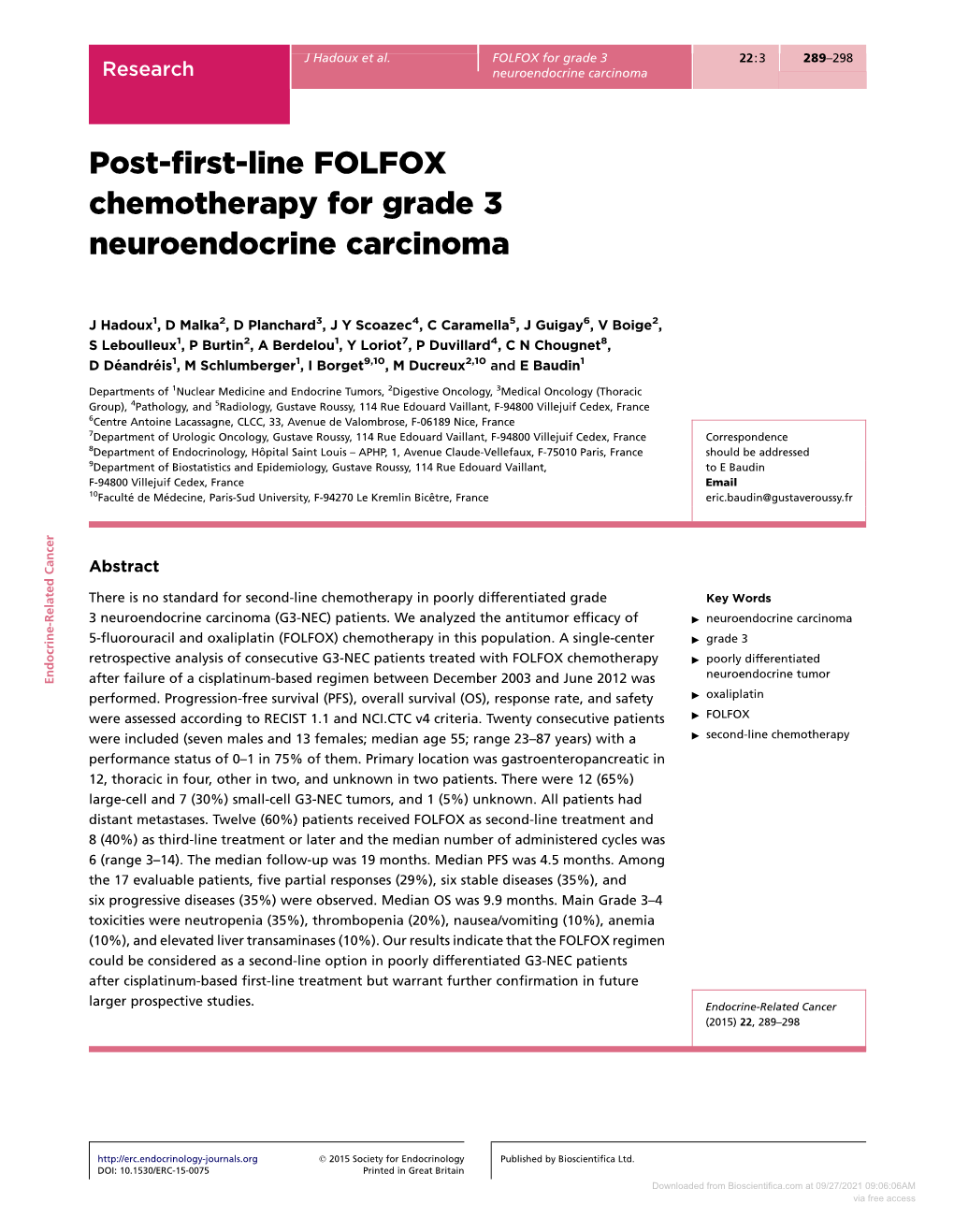 Post-First-Line FOLFOX Chemotherapy for Grade 3 Neuroendocrine