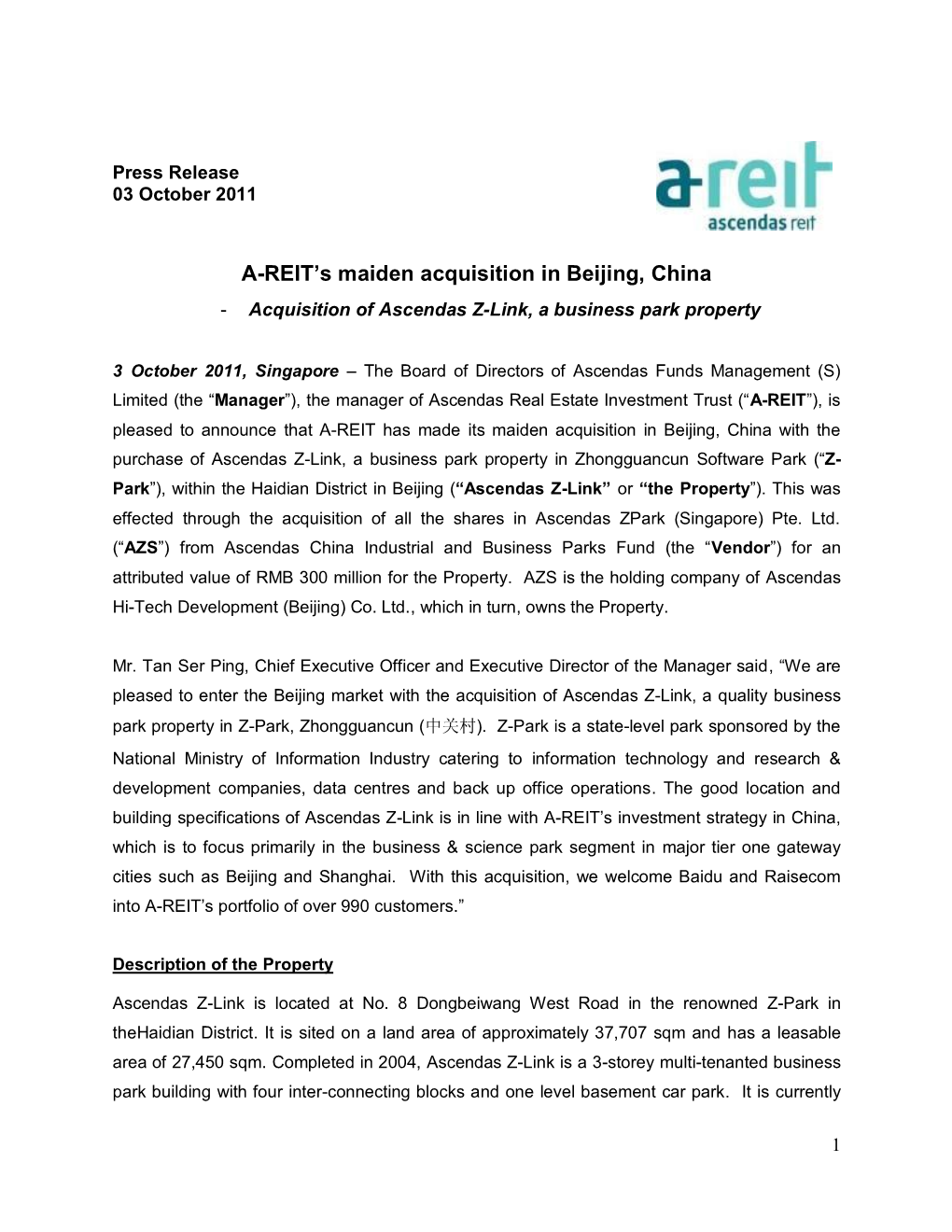 A-REIT's Maiden Acquisition in Beijing, China