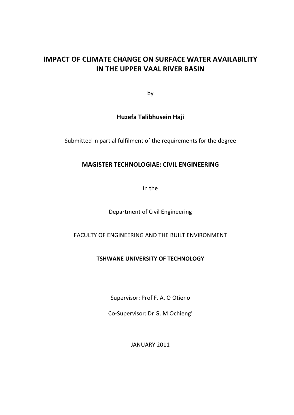 Impact of Climate Change on Surface Water Availability in the Upper Vaal River Basin