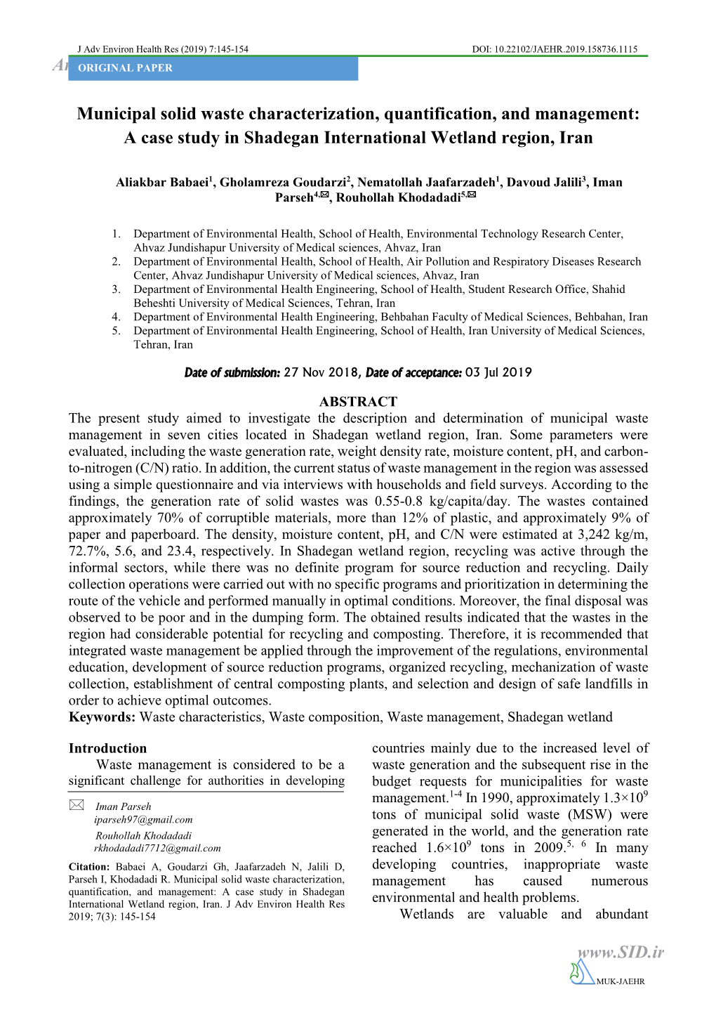 Municipal Solid Waste Characterization, Quantification, and Management: a Case Study in Shadegan International Wetland Region, Iran