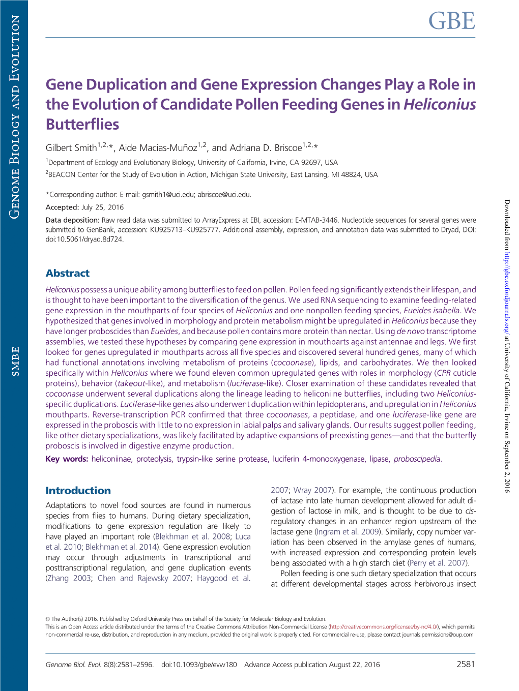 Gene Duplication and Gene Expression Changes Play a Role in the Evolution of Candidate Pollen Feeding Genes in Heliconius Butterflies