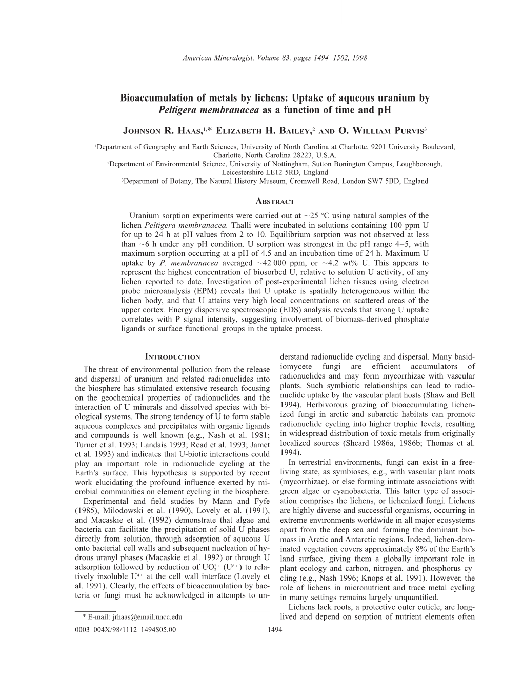 Bioaccumulation of Metals by Lichens: Uptake of Aqueous Uranium by Peltigera Membranacea As a Function of Time and Ph