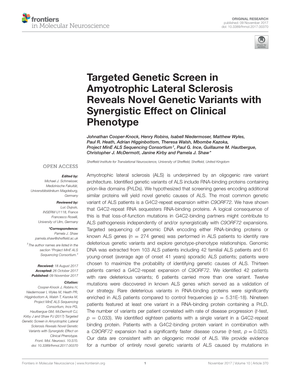 Targeted Genetic Screen in Amyotrophic Lateral Sclerosis Reveals Novel Genetic Variants with Synergistic Effect on Clinical Phenotype