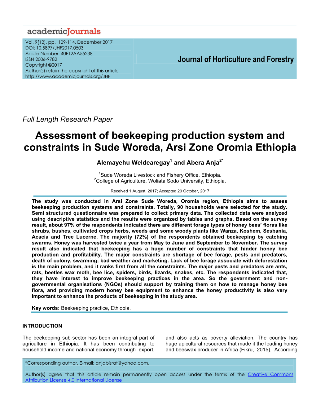 Assessment of Beekeeping Production System and Constraints in Sude Woreda, Arsi Zone Oromia Ethiopia