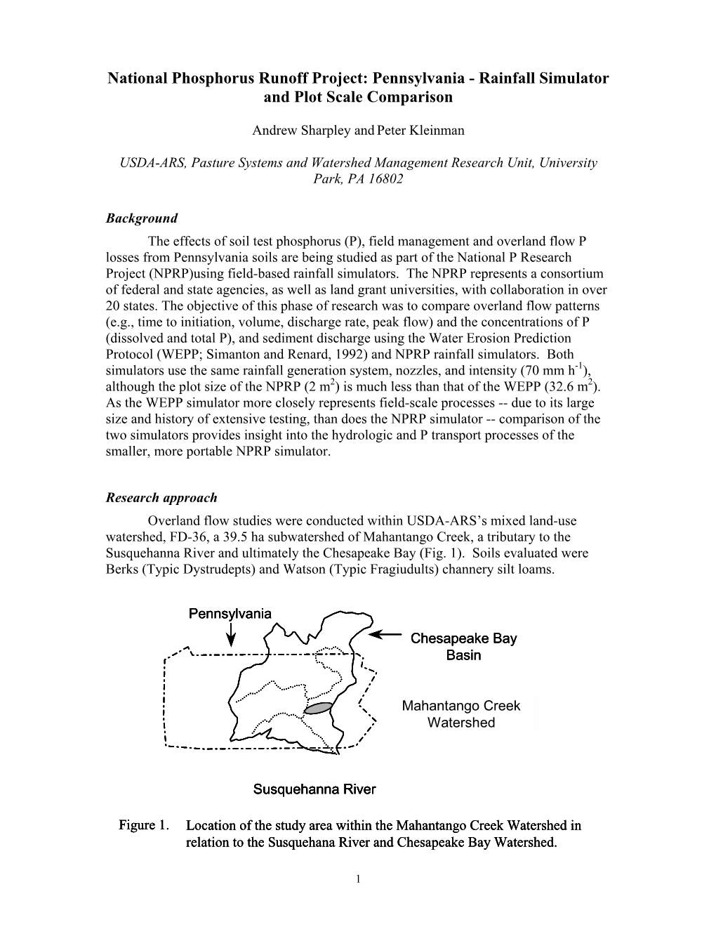 National Phosphorus Runoff Project: Pennsylvania - Rainfall Simulator and Plot Scale Comparison