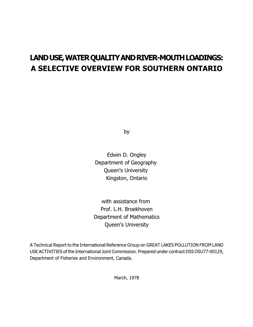 Land Use, Water Quality and River-Mouth Loadings: a Selective Overview for Southern Ontario