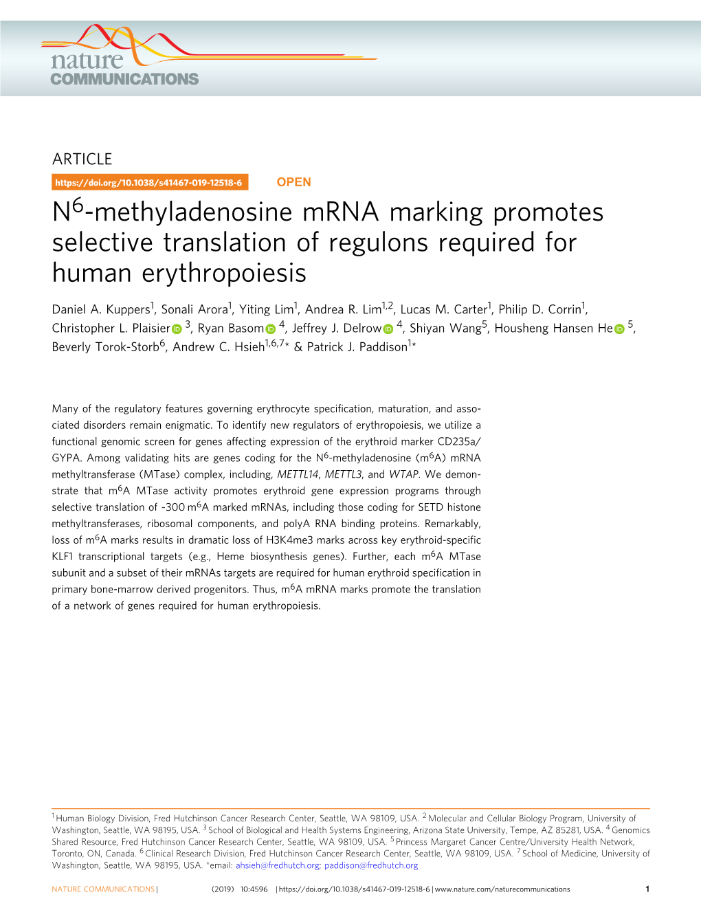 N6-Methyladenosine Mrna Marking Promotes Selective Translation of Regulons Required for Human Erythropoiesis