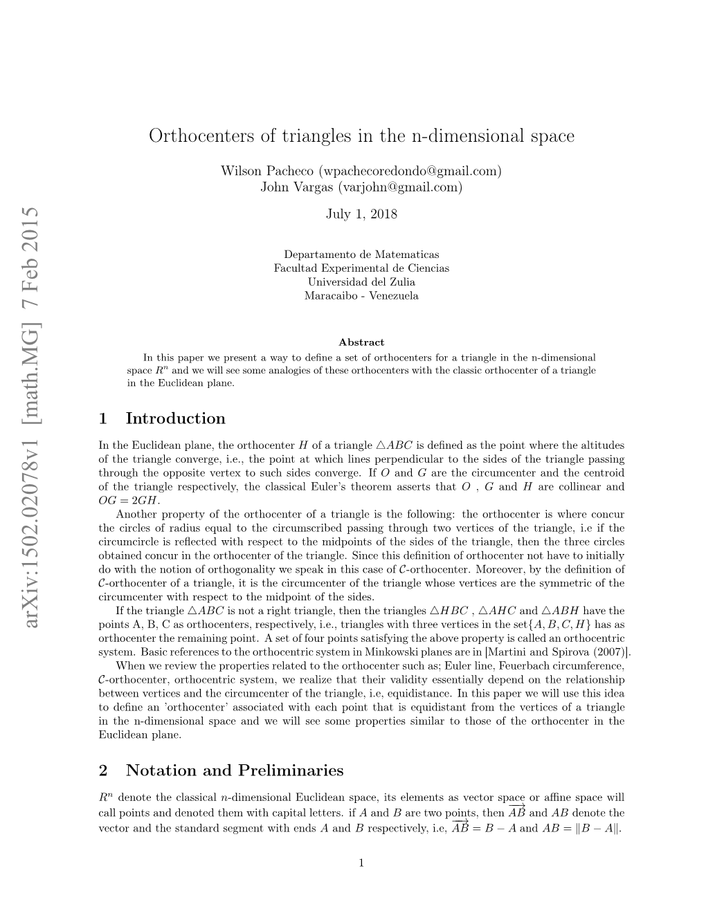 Orthocenters of Triangles in the N-Dimensional Space