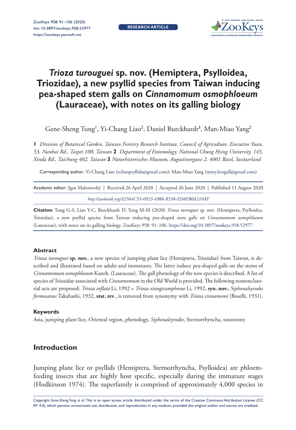 A New Psyllid Species from Taiwan Inducing Pea-Shaped Stem Galls on Cinnamomum Osmophloeum (Lauraceae), with Notes on Its Galling Biology