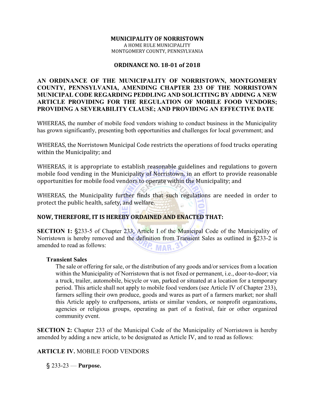 MUNICIPALITY of NORRISTOWN ORDINANCE NO. 18-01 of 2018