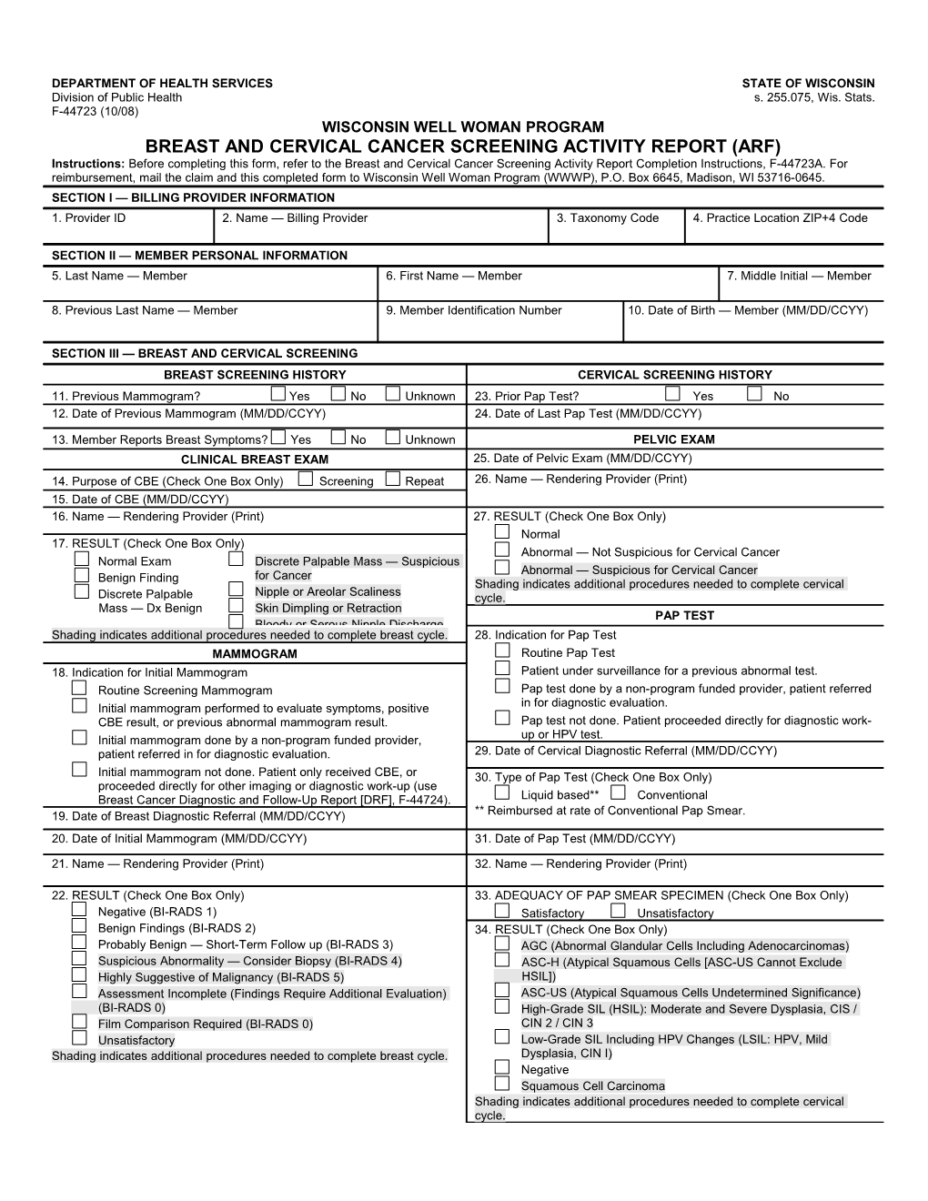 Breast and Cervical Cancer Screening Activity Report (Arf)