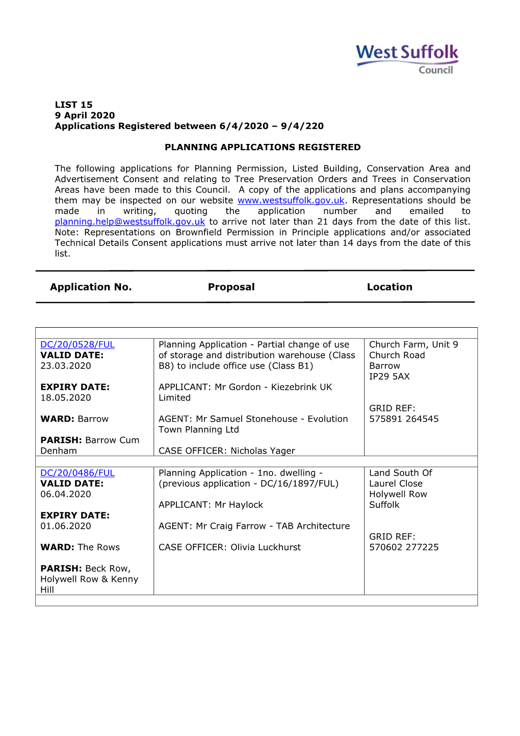 WSC Planning Applications 15/20