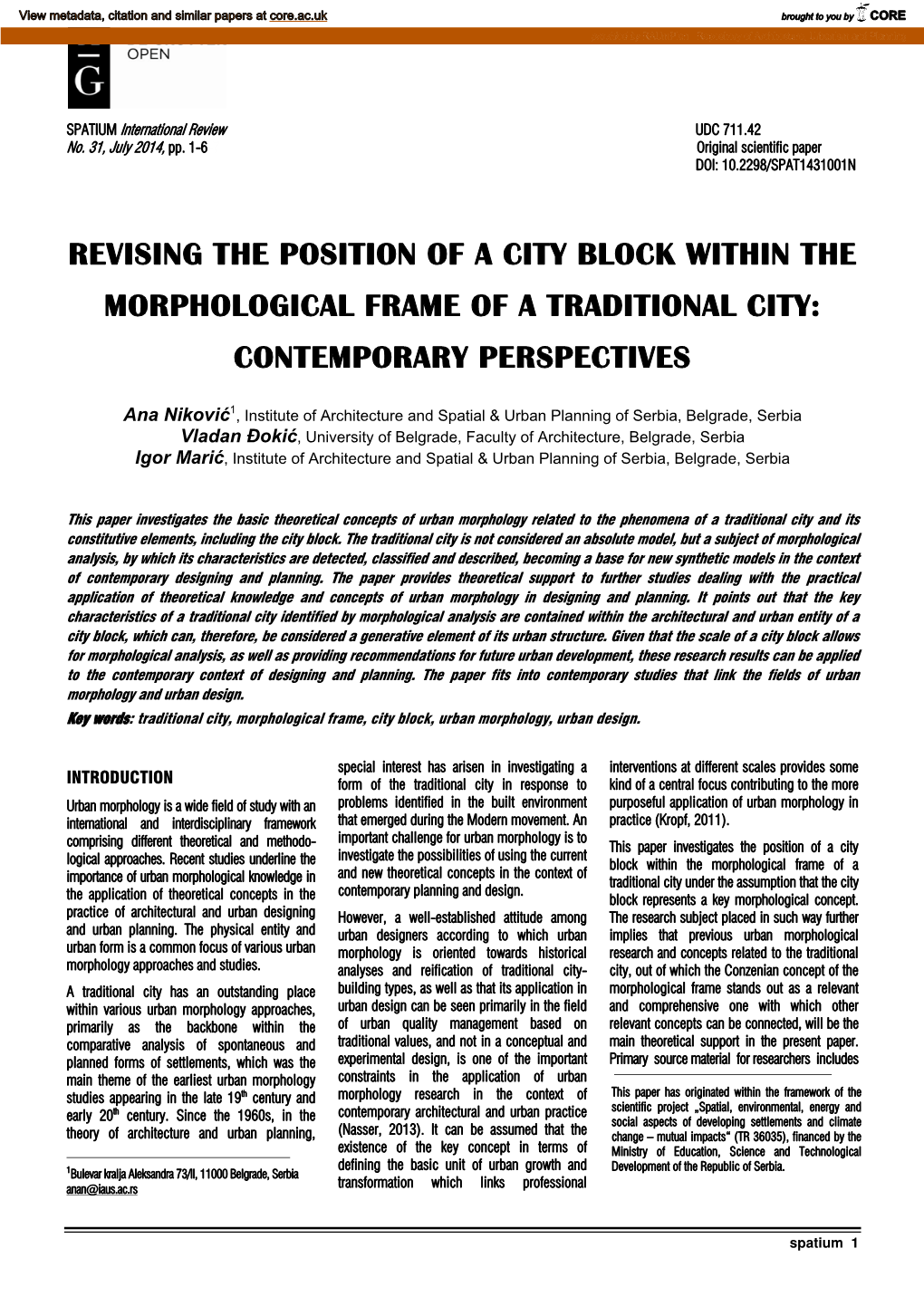 Revising the Position of a City Block Within the Morphological Frame of a Traditional City: Contemporary Perspectives