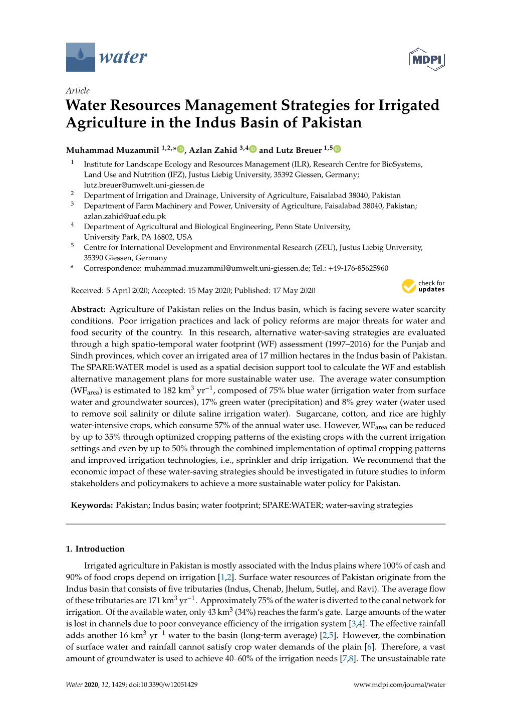 Water Resources Management Strategies for Irrigated Agriculture in the Indus Basin of Pakistan