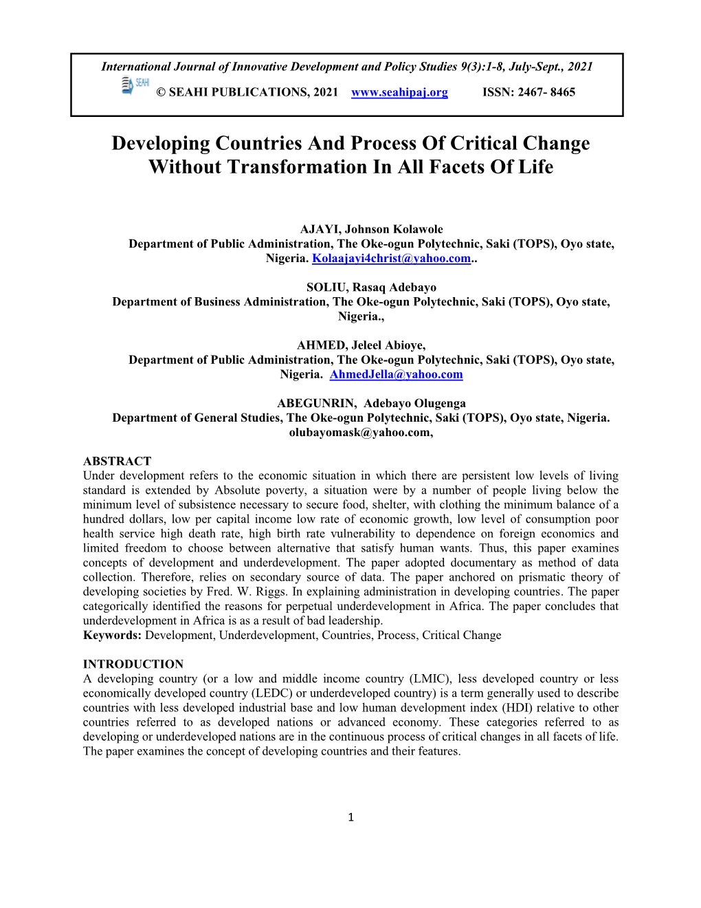 Developing Countries and Process of Critical Change Without Transformation in All Facets of Life