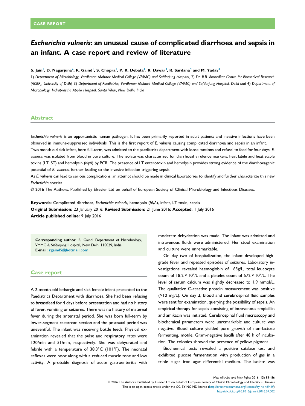 Escherichia Vulneris: an Unusual Cause of Complicated Diarrhoea and Sepsis in an Infant