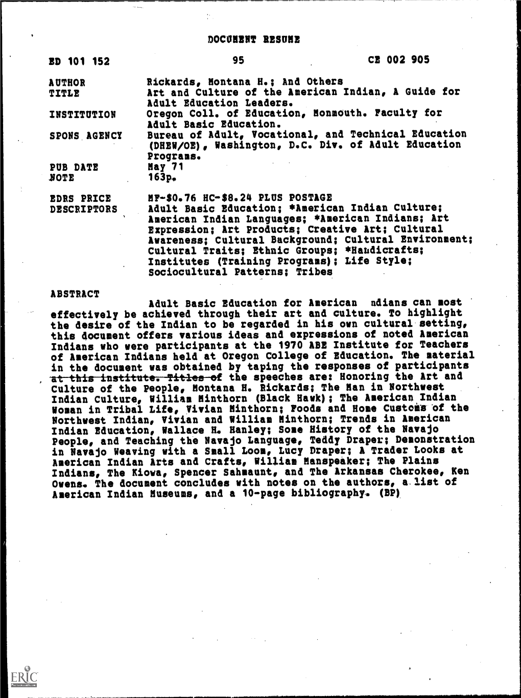 NOTE DOCUMENT RESUME Rickards, Montana H.; and Others