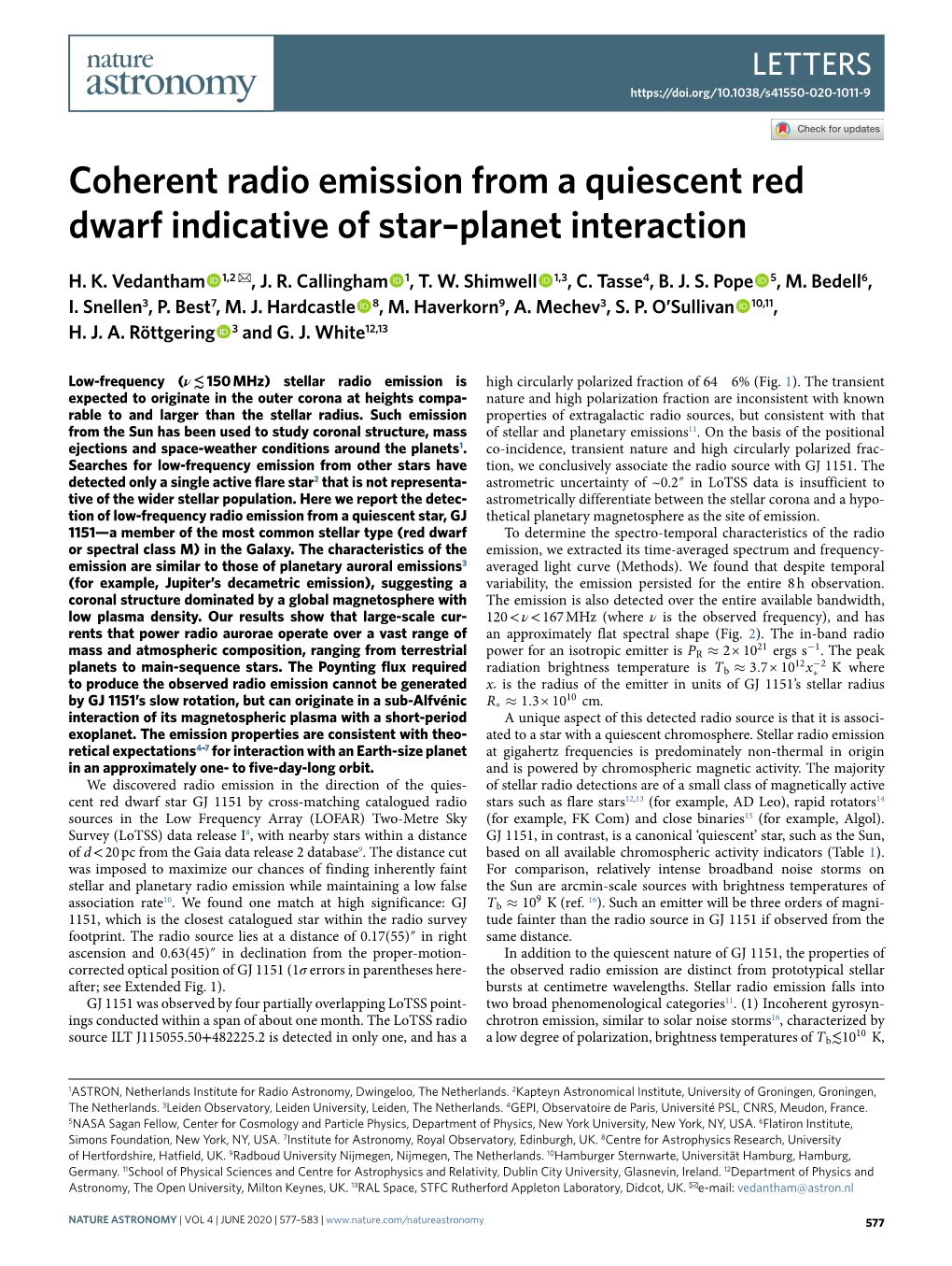 Coherent Radio Emission from a Quiescent Red Dwarf Indicative of Star–Planet Interaction