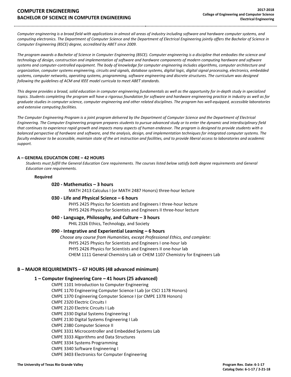 Bachelors of Science in Computer Engineering Degree Plan