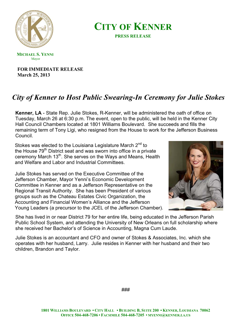 City of Kenner to Host Public Swearing-In Ceremony for Julie Stokes