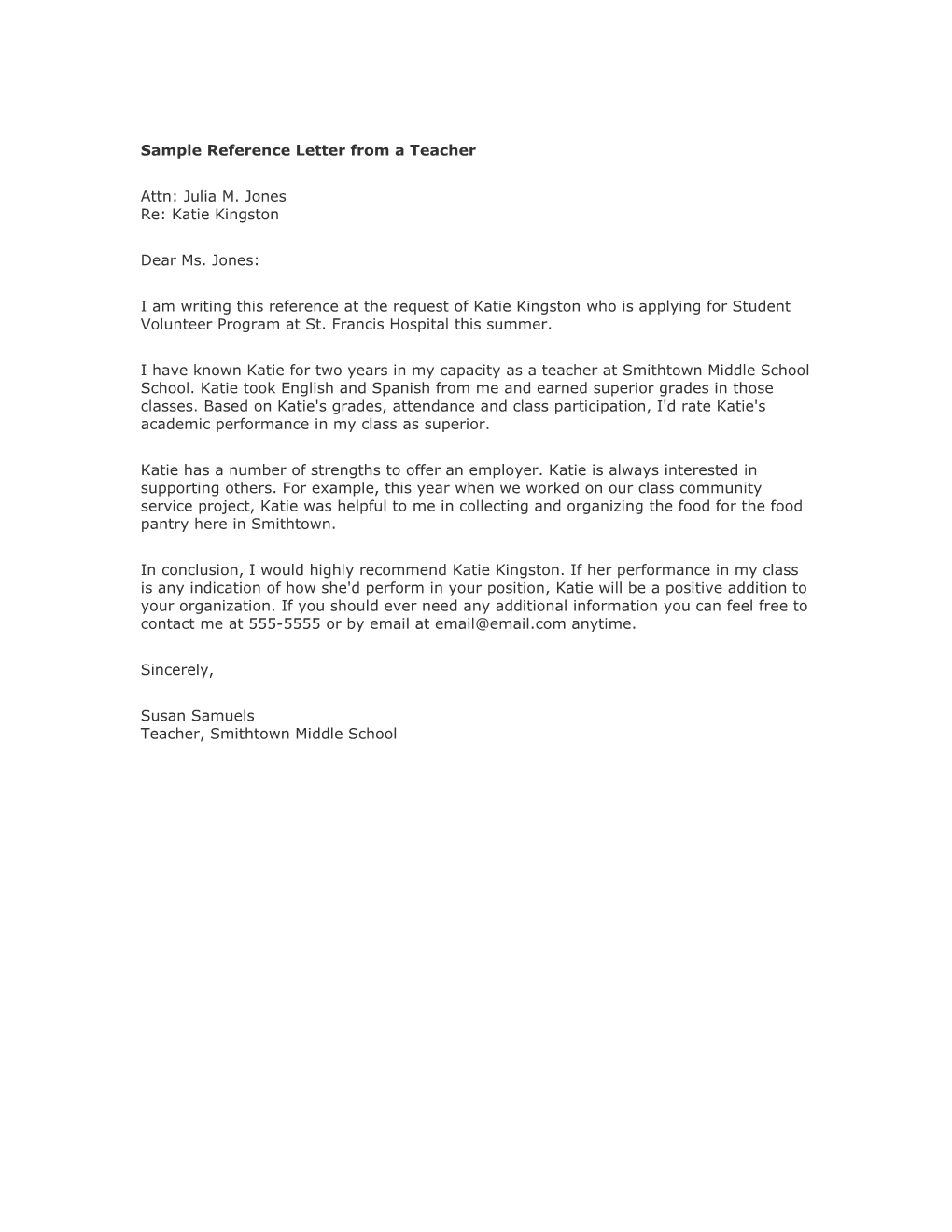 Sample Reference Letter from a Teacher