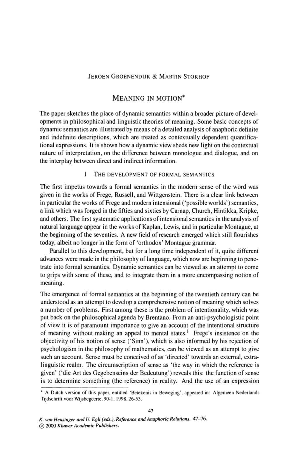 Opments in Philosophical and Linguistic Theories of Meaning