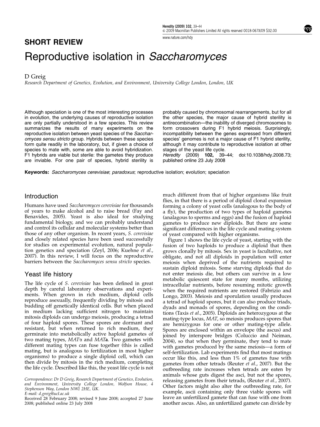 Reproductive Isolation in Saccharomyces