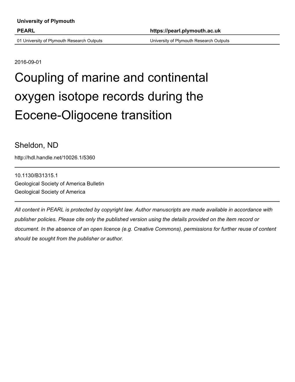 Coupling of Marine and Continental Oxygen Isotope Records During the Eocene-Oligocene Transition