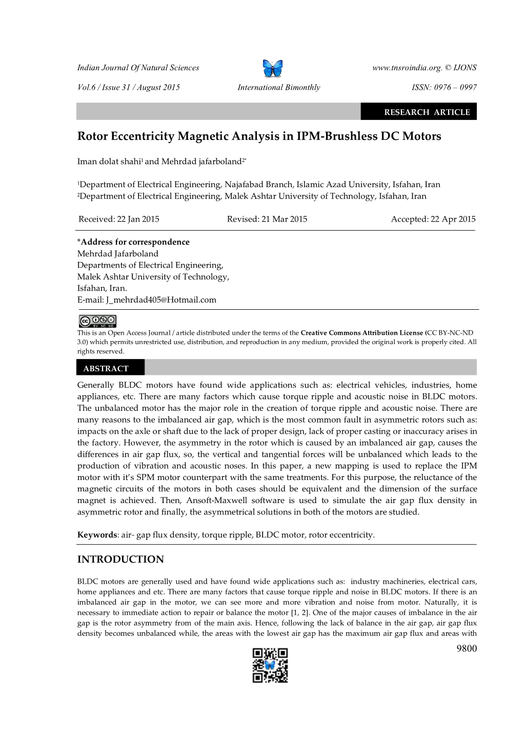 Rotor Eccentricity Magnetic Analysis in IPM-Brushless DC Motors