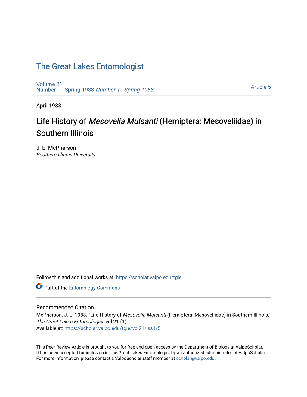 Life History of Mesovelia Mulsanti (Hemiptera: Mesoveliidae) in Southern Illinois