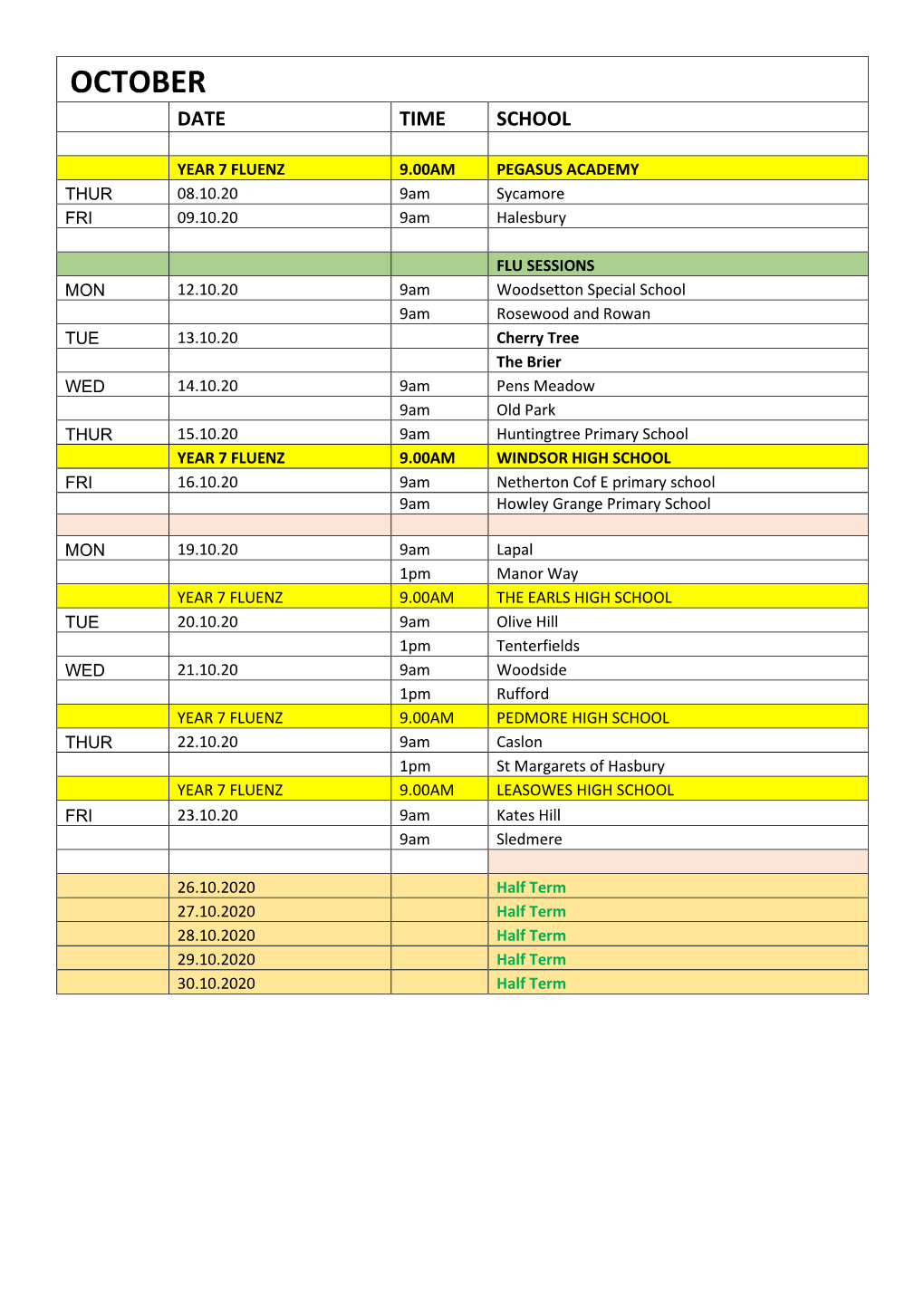 Dudley Schools Vaccination Schedule 2020