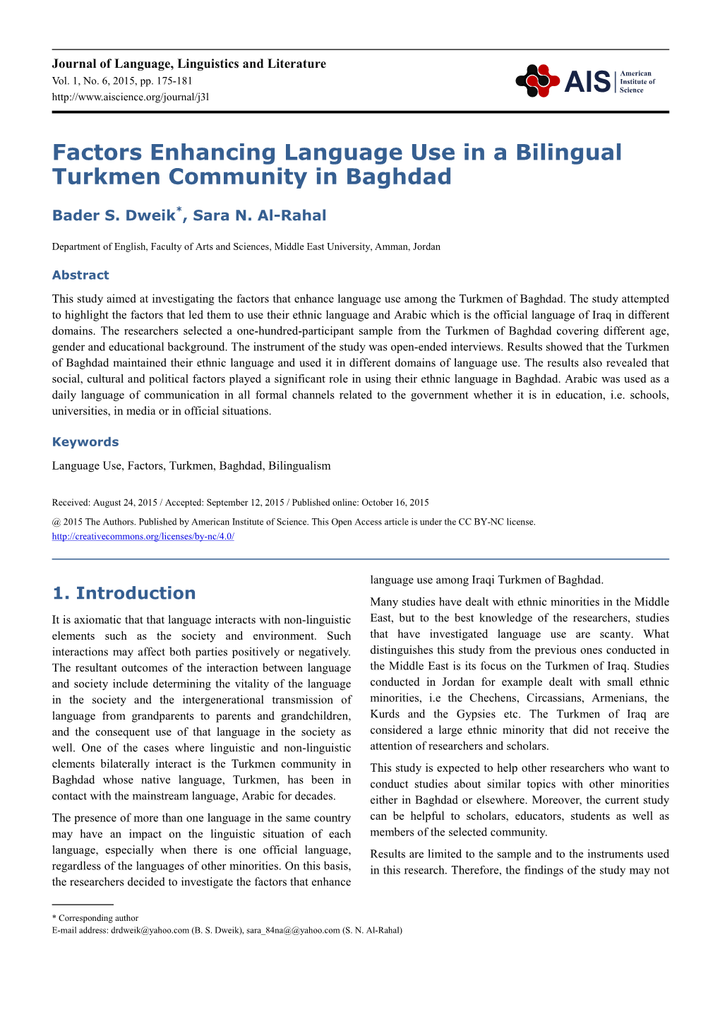 Factors Enhancing Language Use in a Bilingual Turkmen Community in Baghdad