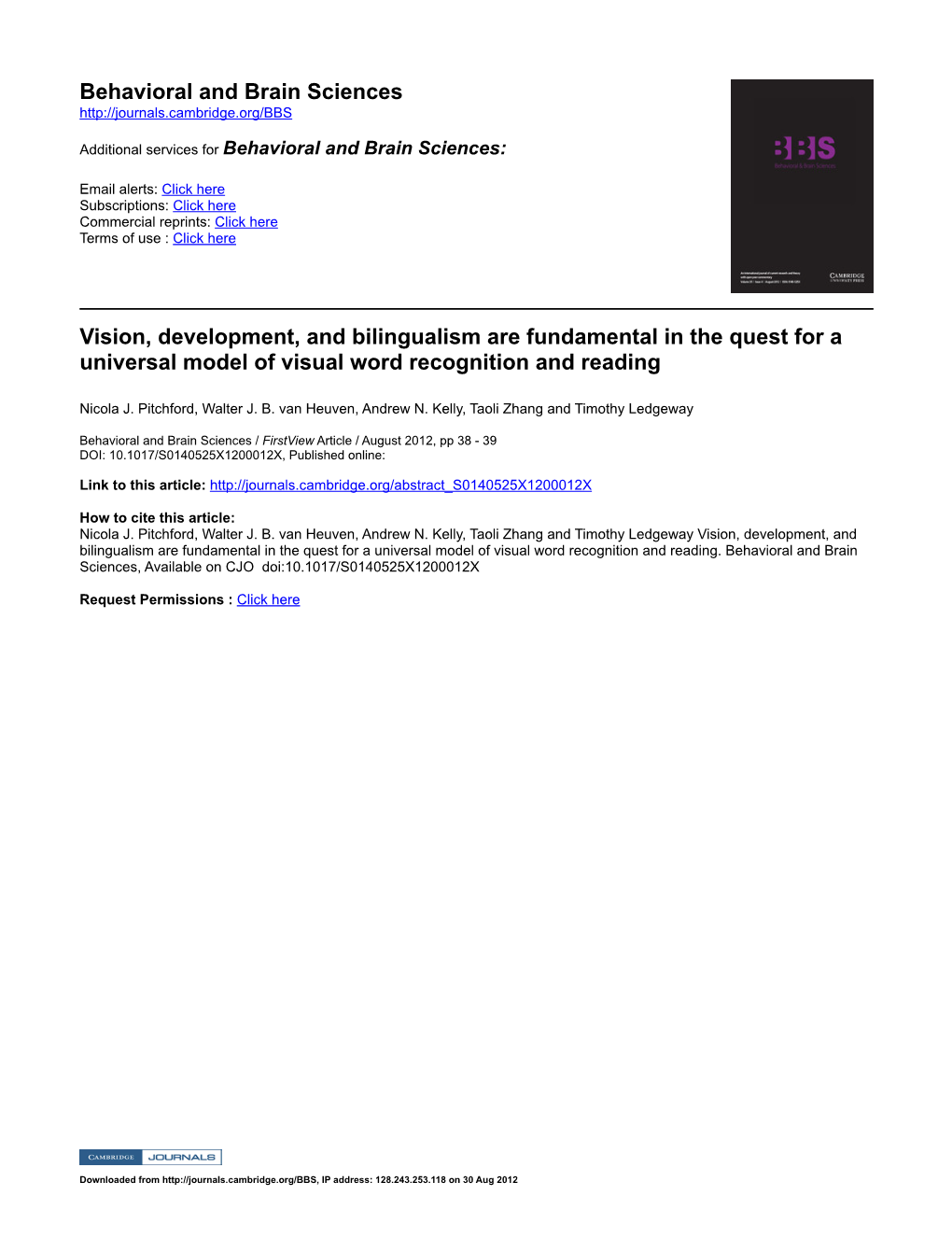 Behavioral and Brain Sciences Vision, Development, And