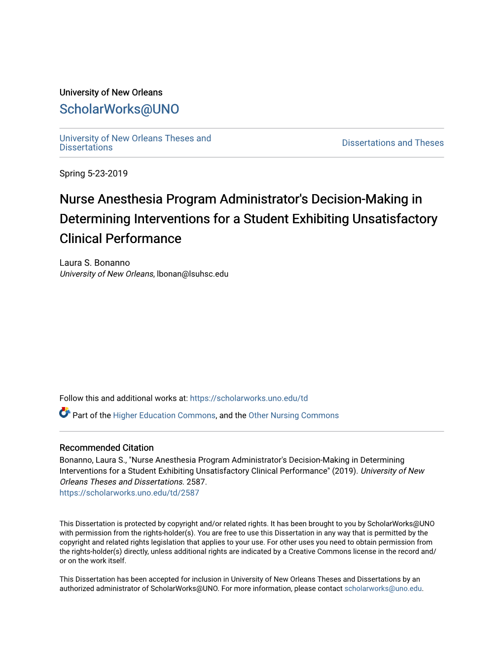 Nurse Anesthesia Program Administrator's Decision-Making in Determining Interventions for a Student Exhibiting Unsatisfactory Clinical Performance