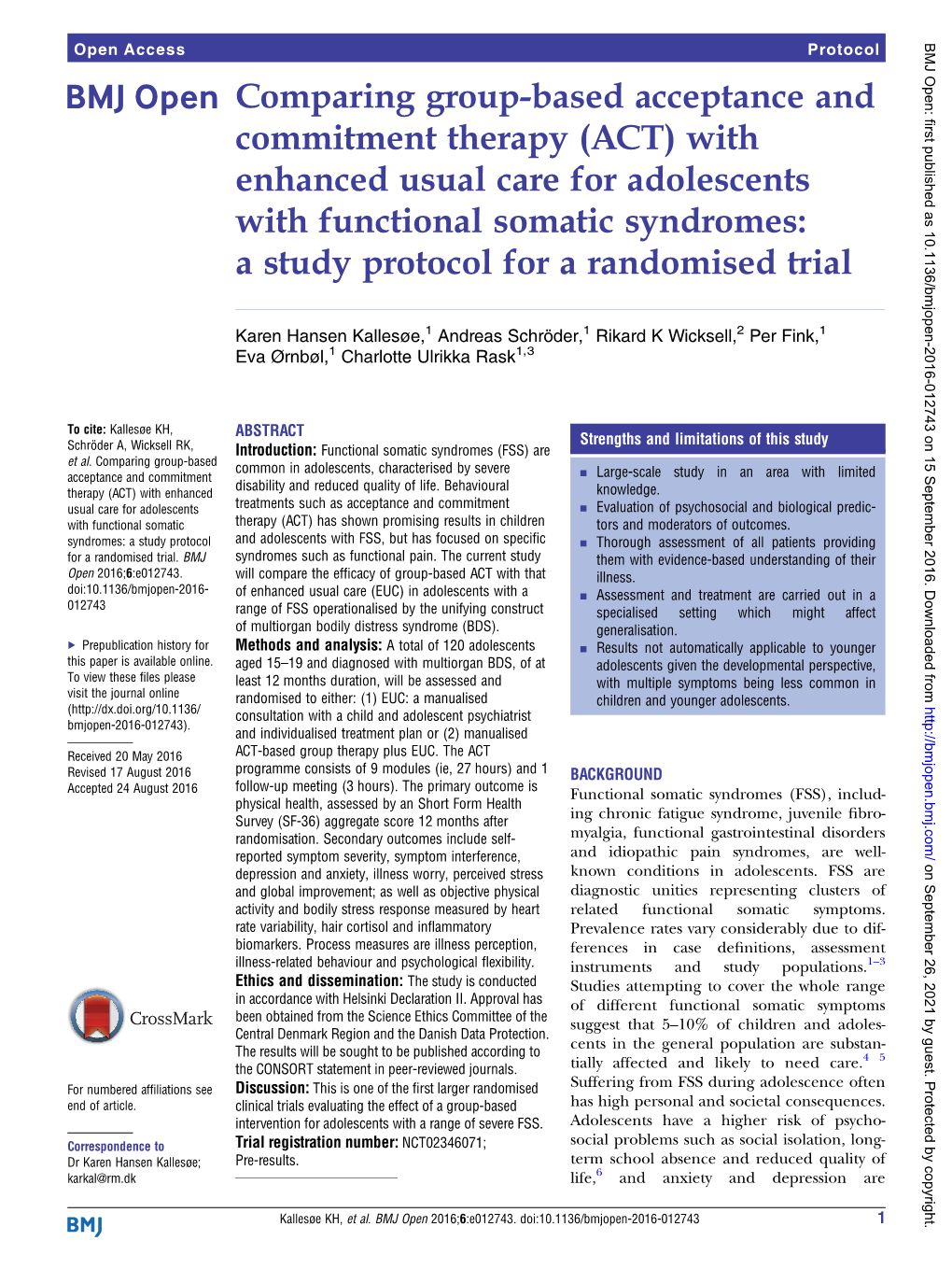 With Enhanced Usual Care for Adolescents with Functional Somatic Syndromes: a Study Protocol for a Randomised Trial