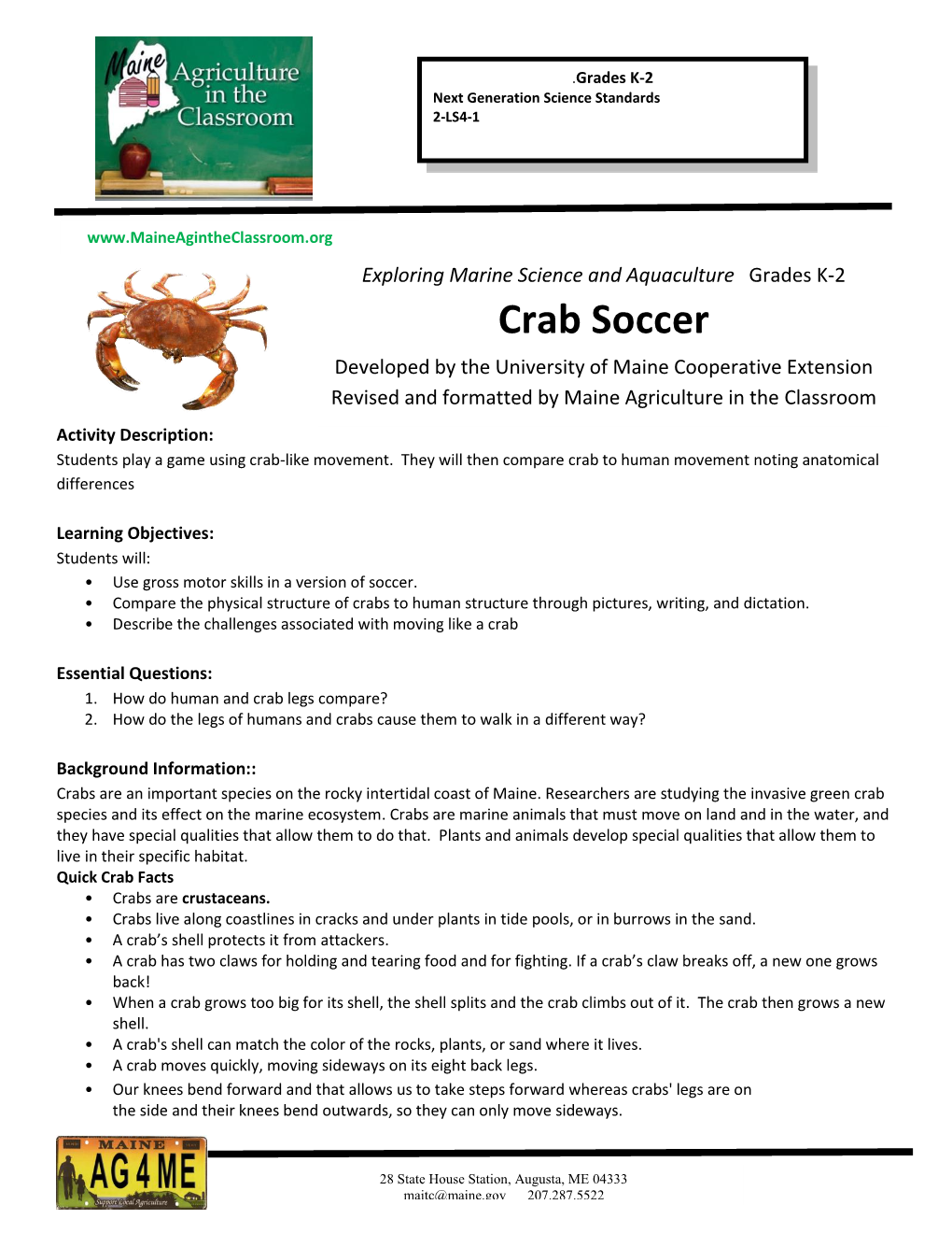 Crab Soccer Developed by the University of Maine Cooperative Extension