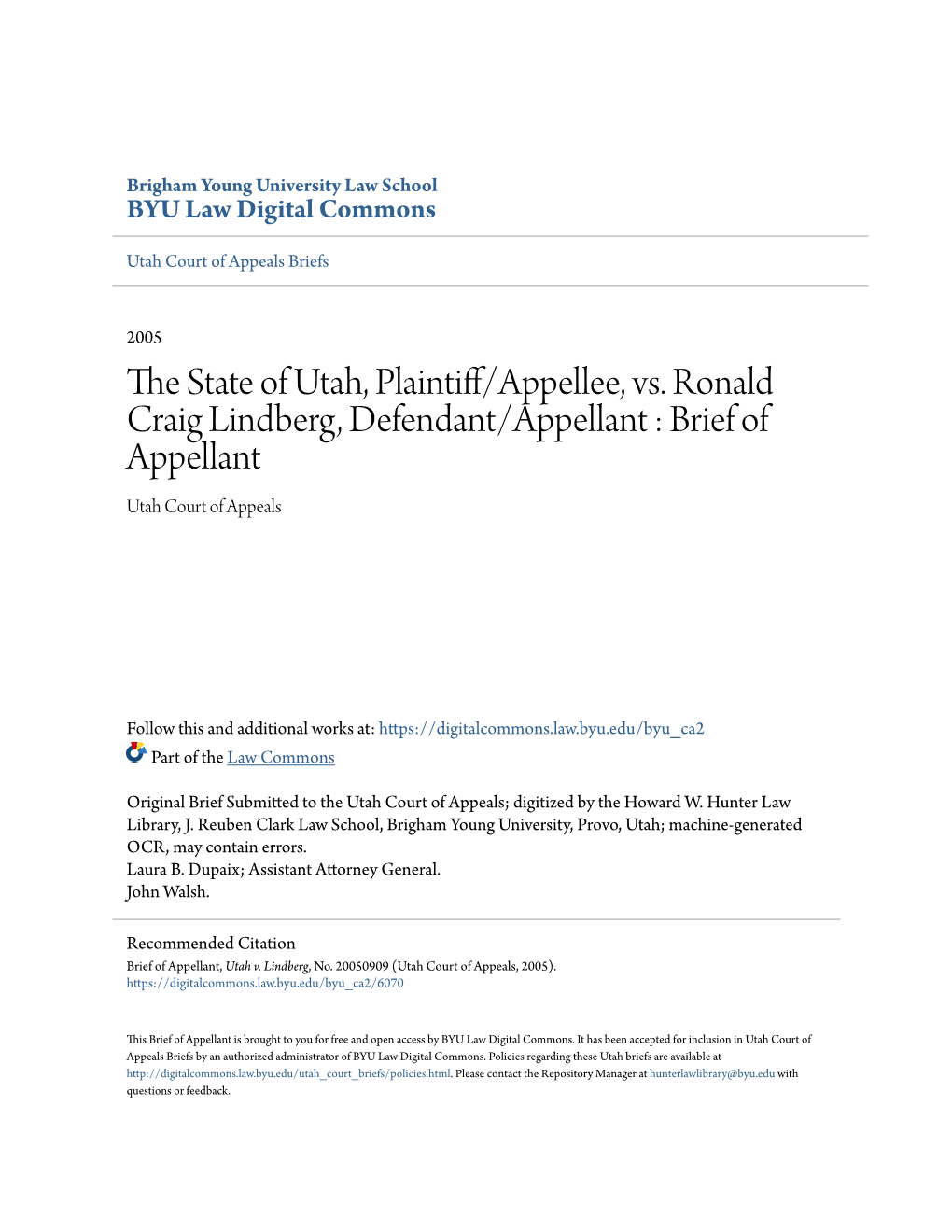 The State of Utah, Plaintiff/Appellee, Vs. Ronald Craig Lindberg