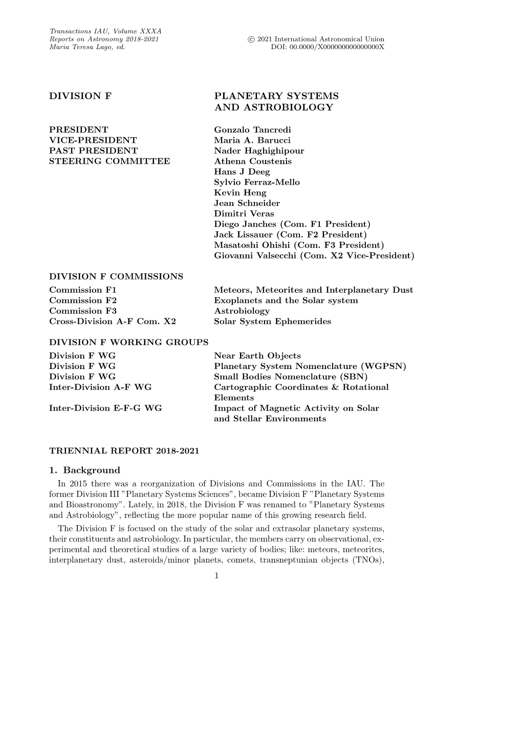 Division F Planetary Systems and Astrobiology