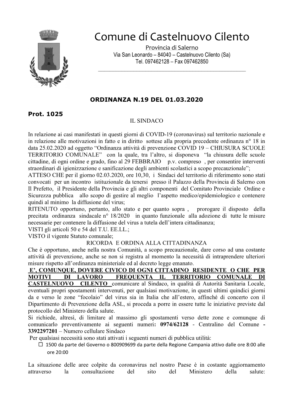 Comune Di Castelnuovo Cilento Provincia Di Salerno Via San Leonardo – 84040 – Castelnuovo Cilento (Sa) Tel