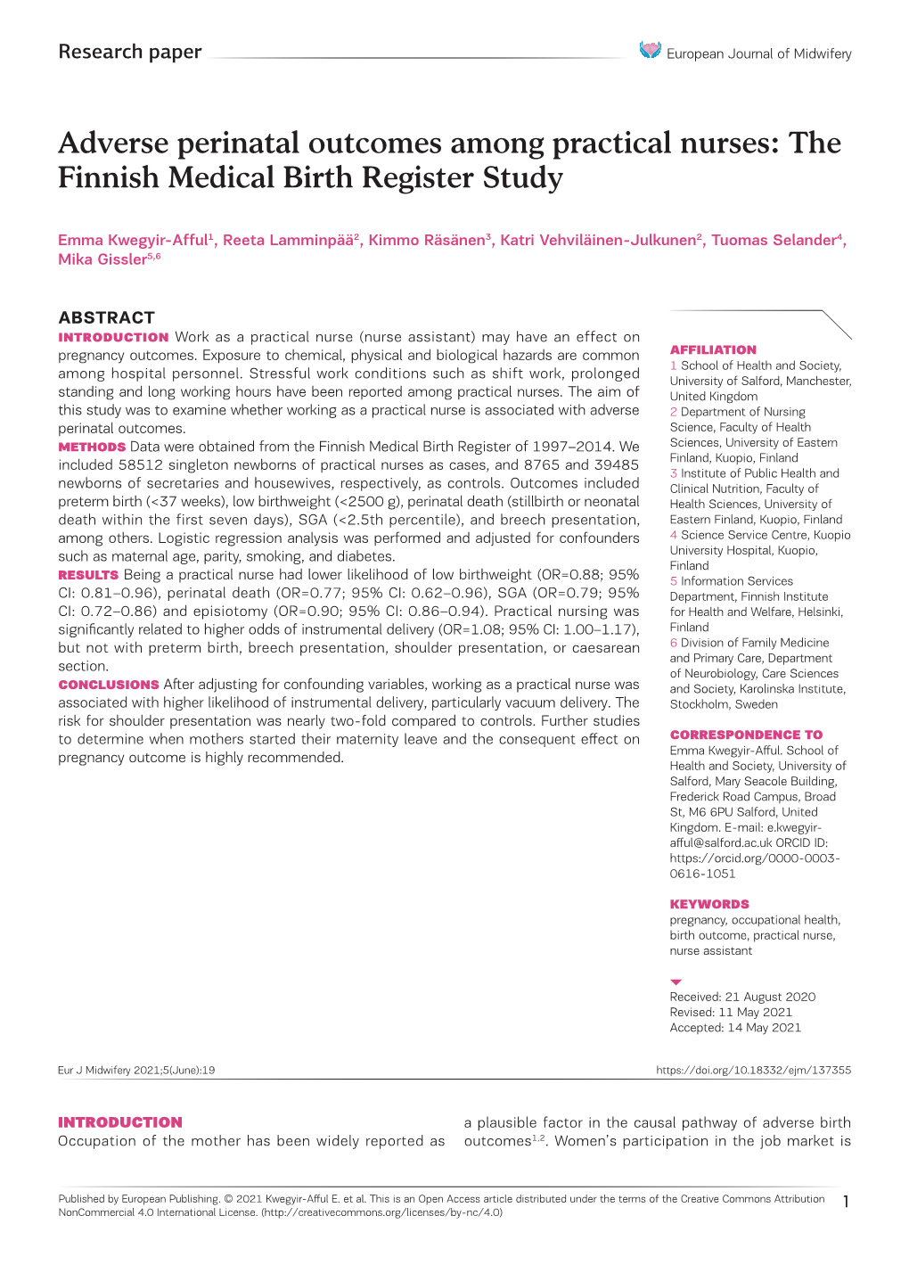 Adverse Perinatal Outcomes Among Practical Nurses: the Finnish Medical Birth Register Study