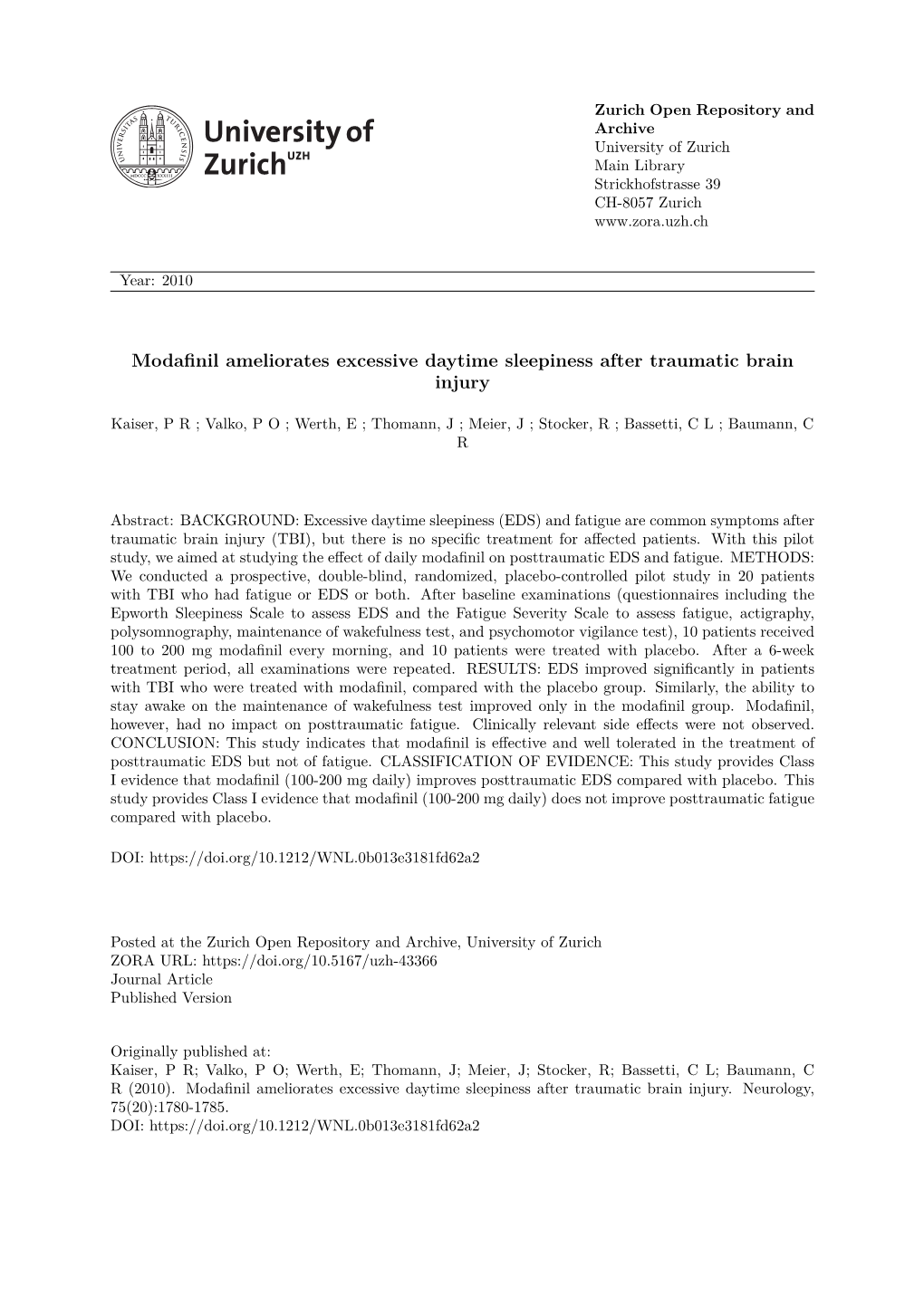 Modafinil Ameliorates Excessive Daytime Sleepiness After Traumatic Brain Injury