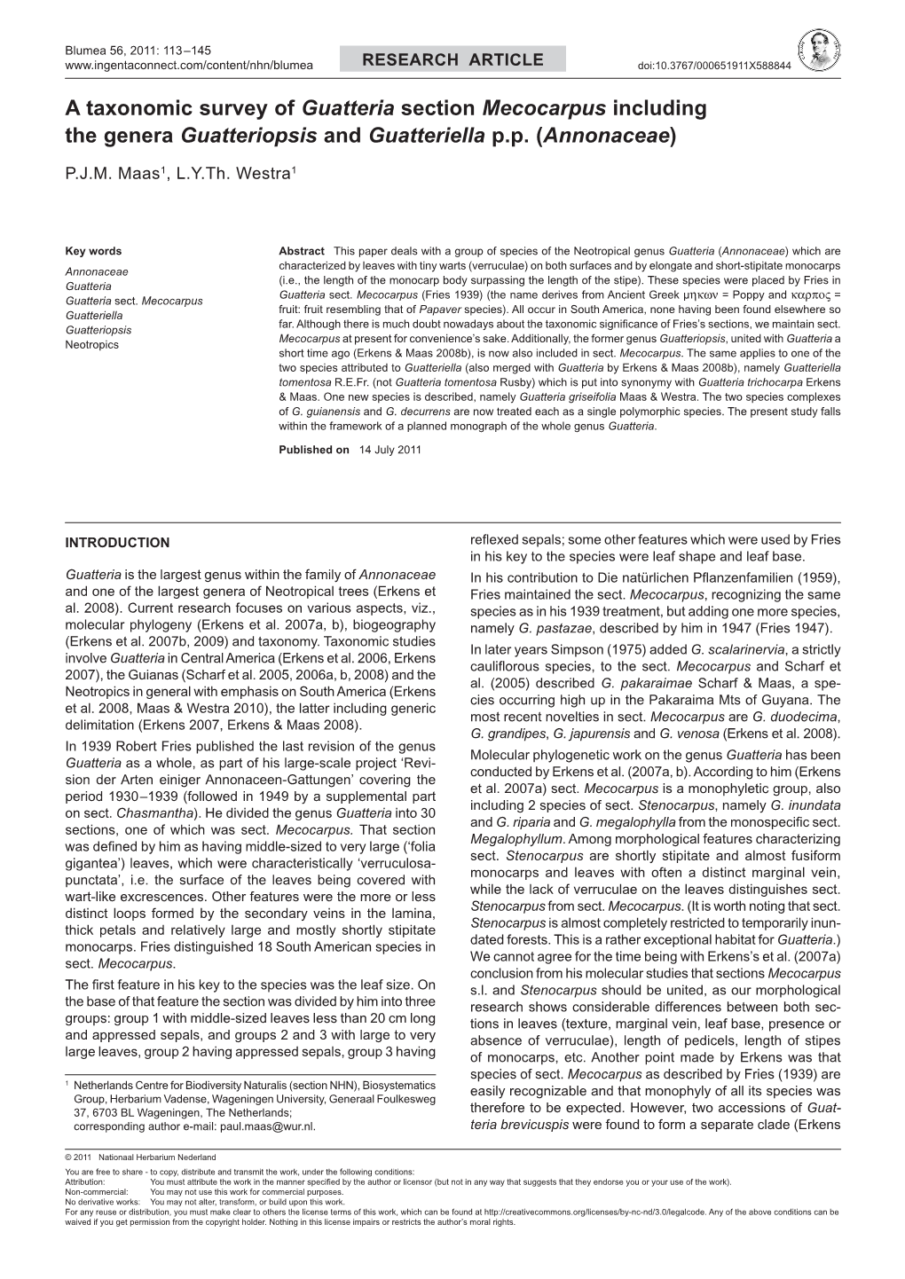 A Taxonomic Survey of Guatteria Section Mecocarpus Including the Genera Guatteriopsis and Guatteriella P.P. (Annonaceae)