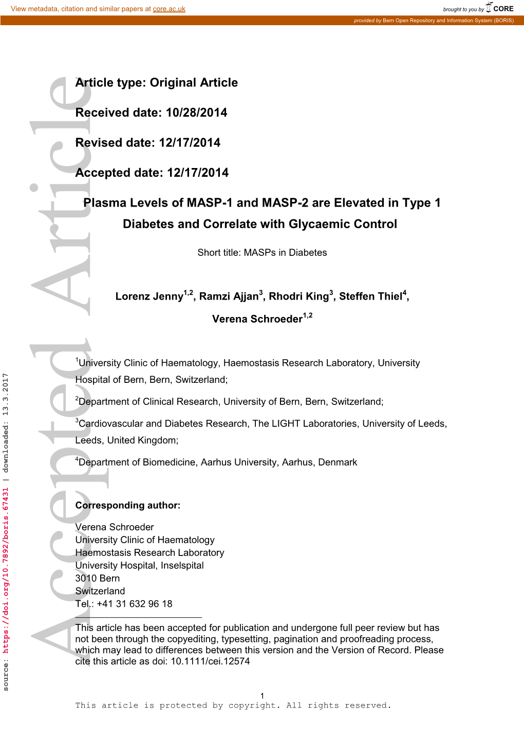 Plasma Levels of MASP1 and MASP2 Are Elevated in Type 1