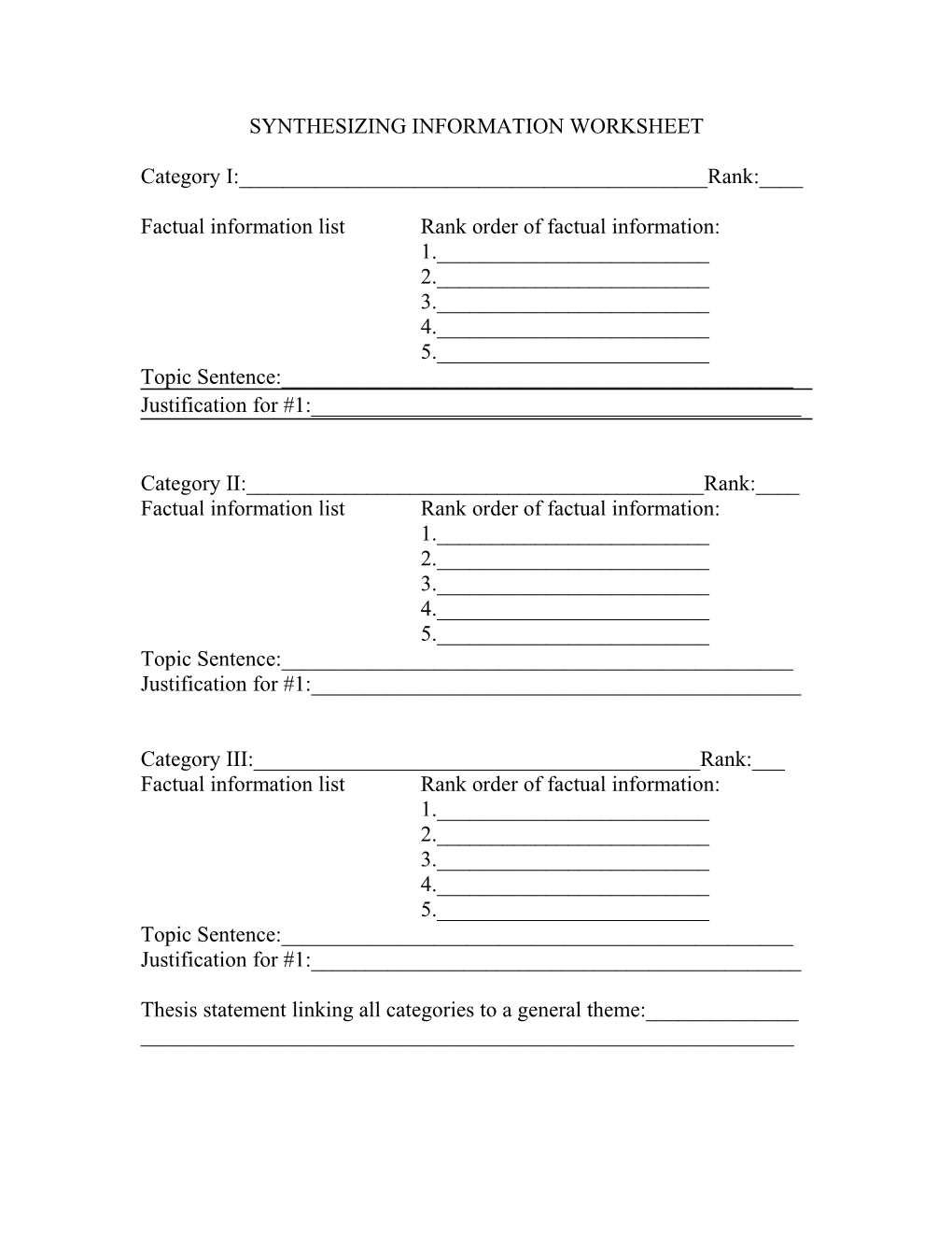 Synthesizing Information Worksheet