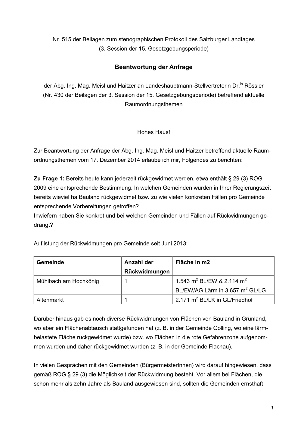 Nr. 515 Der Beilagen Zum Stenographischen Protokoll Des Salzburger Landtages (3