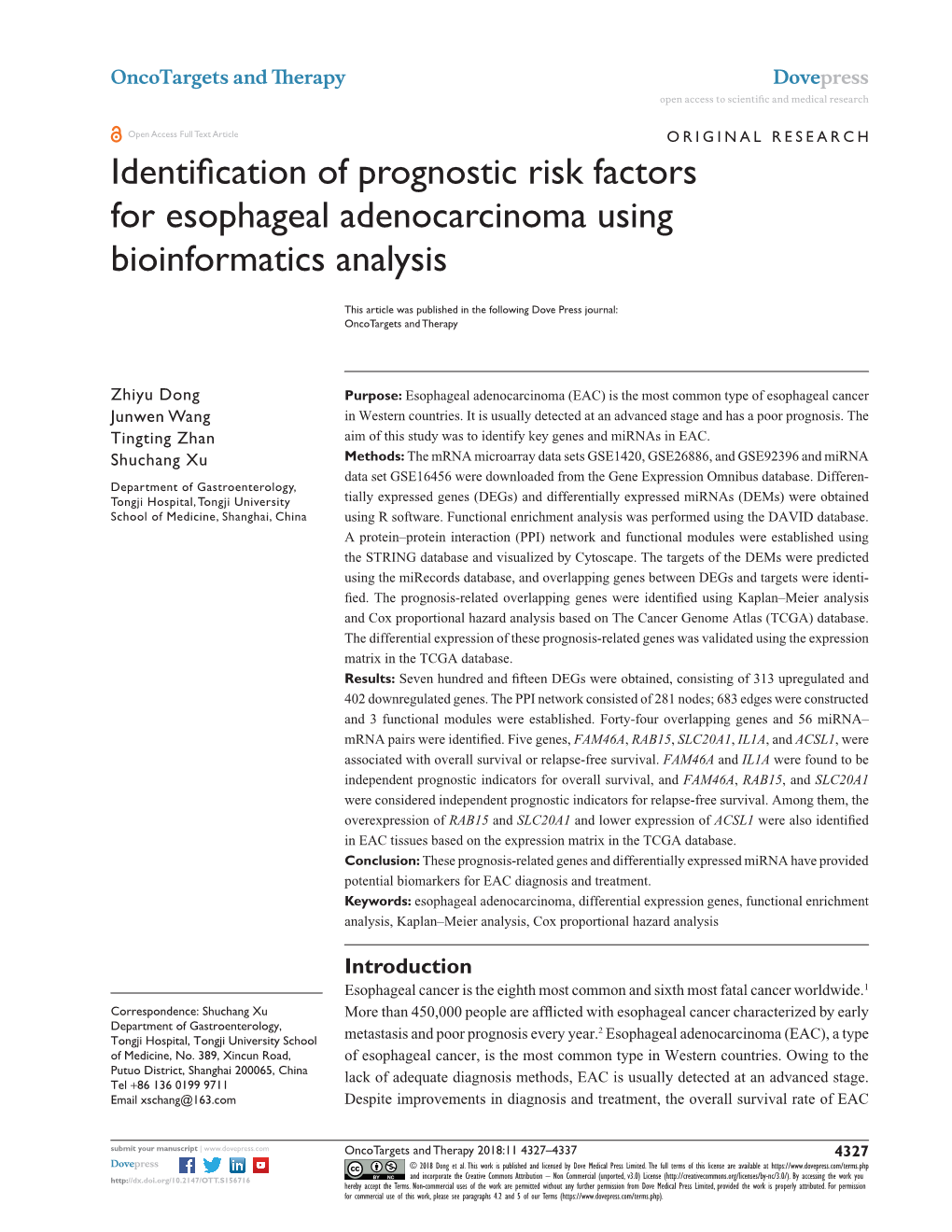Identification of Prognostic Risk Factors for Esophageal Adenocarcinoma Using Bioinformatics Analysis